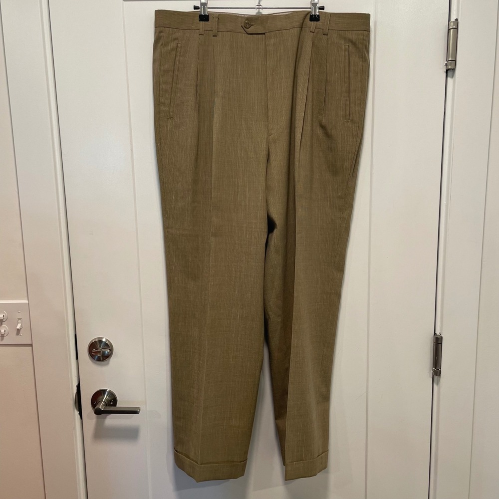 St. Croix Mens Pleated Dress Pants Tan Wool Linen Blend Made in Italy 40x28